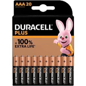 Pack de 20 piles alcalines AAA (LR03) Duracell Plus 1,5V